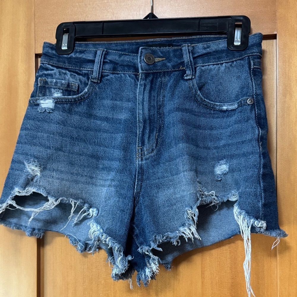 Sincerely Jules Distressed Dark Blue High-Rise Denim Shorts